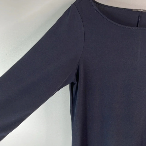 TAHARI Midnight Navy Blue Midi Shift Dress Bateau Neck White Trim 3/4 Sleeves L - Picture 5 of 11